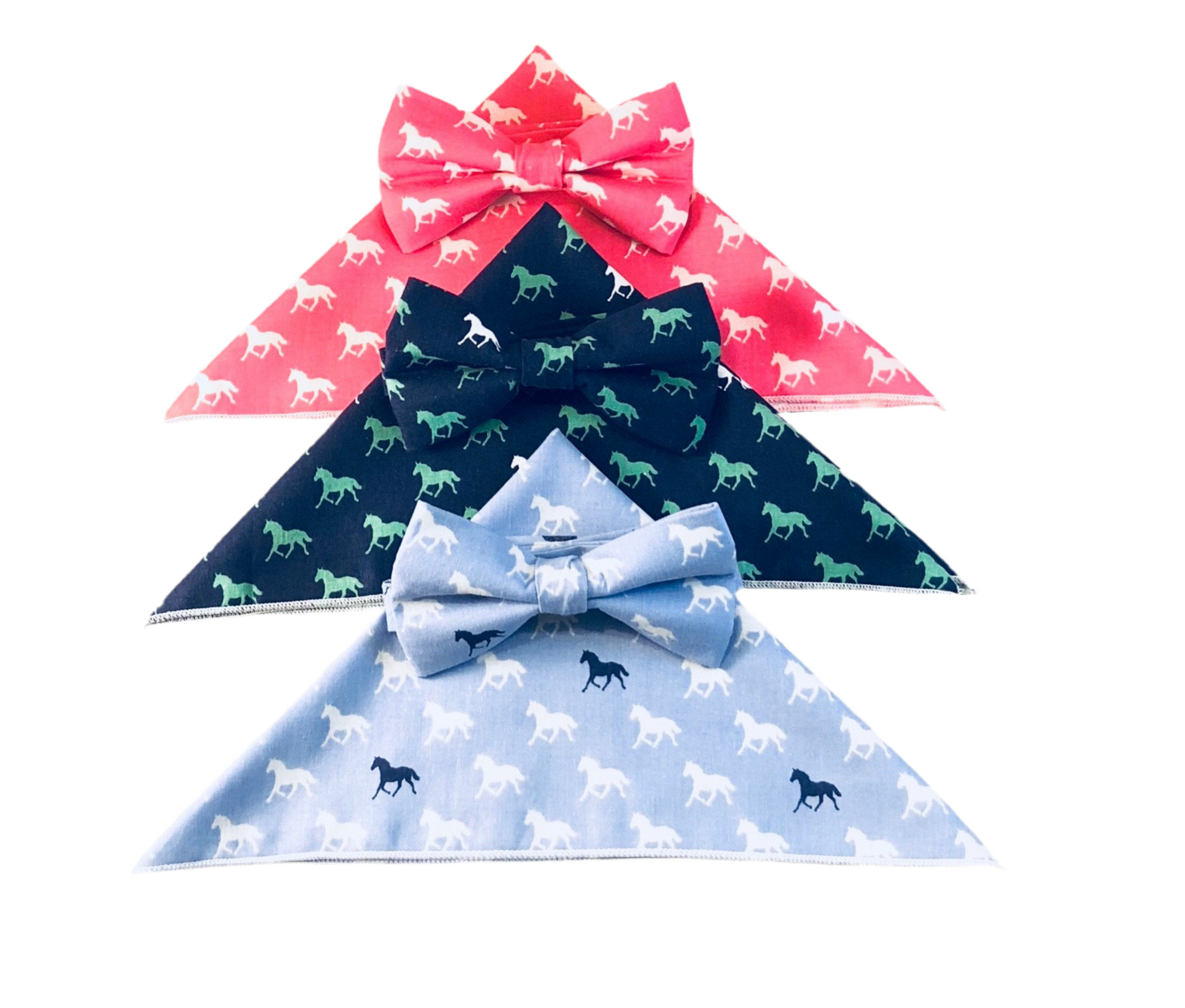 Men’s and boys derby horses print pre-tied bow ties with matching pocket squares in the colors blue, pink and navy with different colored horses on the print.