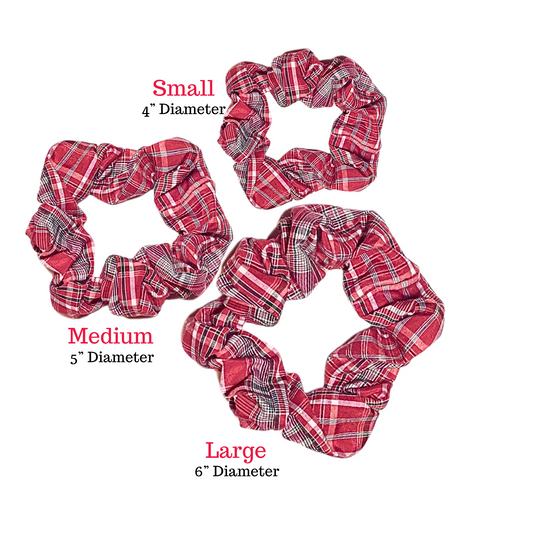 Red with blue and white Jamaican band a scrunchie ponytail holder for girls and women in three sizes.