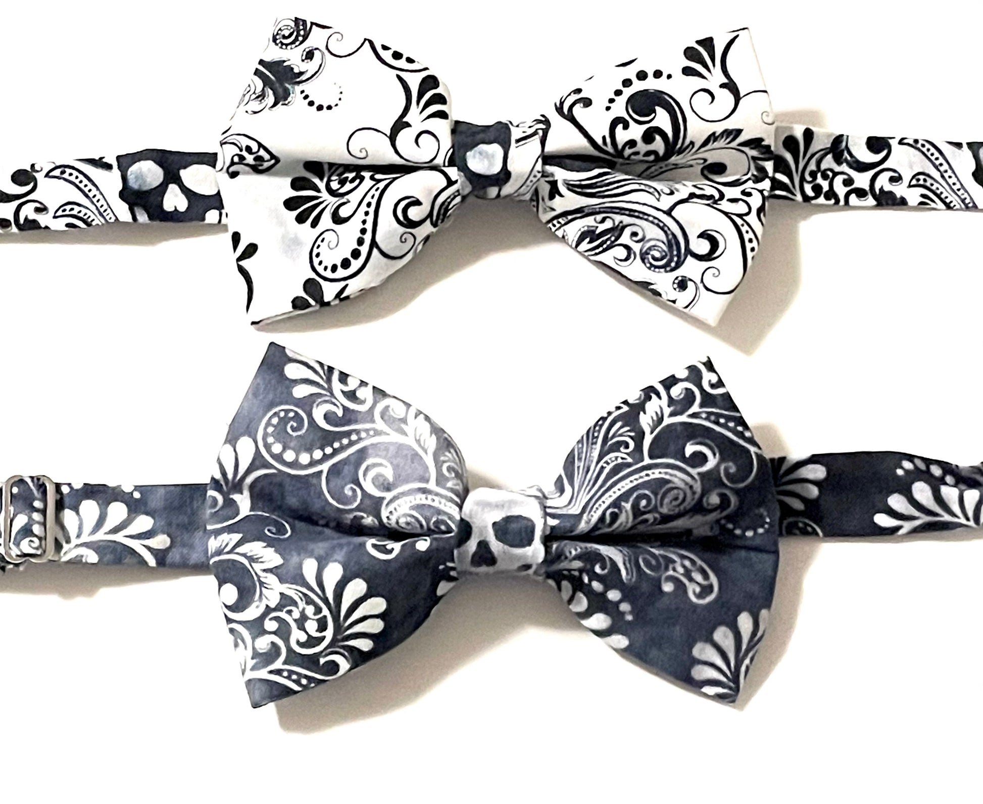 Black and White skulls bow tie with a white purposely faded print. Skulls may fall anywhere on the bow tie