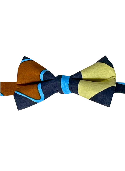Black with brown, blue and yellow geometric design bow tie. This bow tie is one of our African print bow ties in 4 prints. Also available with a pocket square to make a stylish bow tie set.