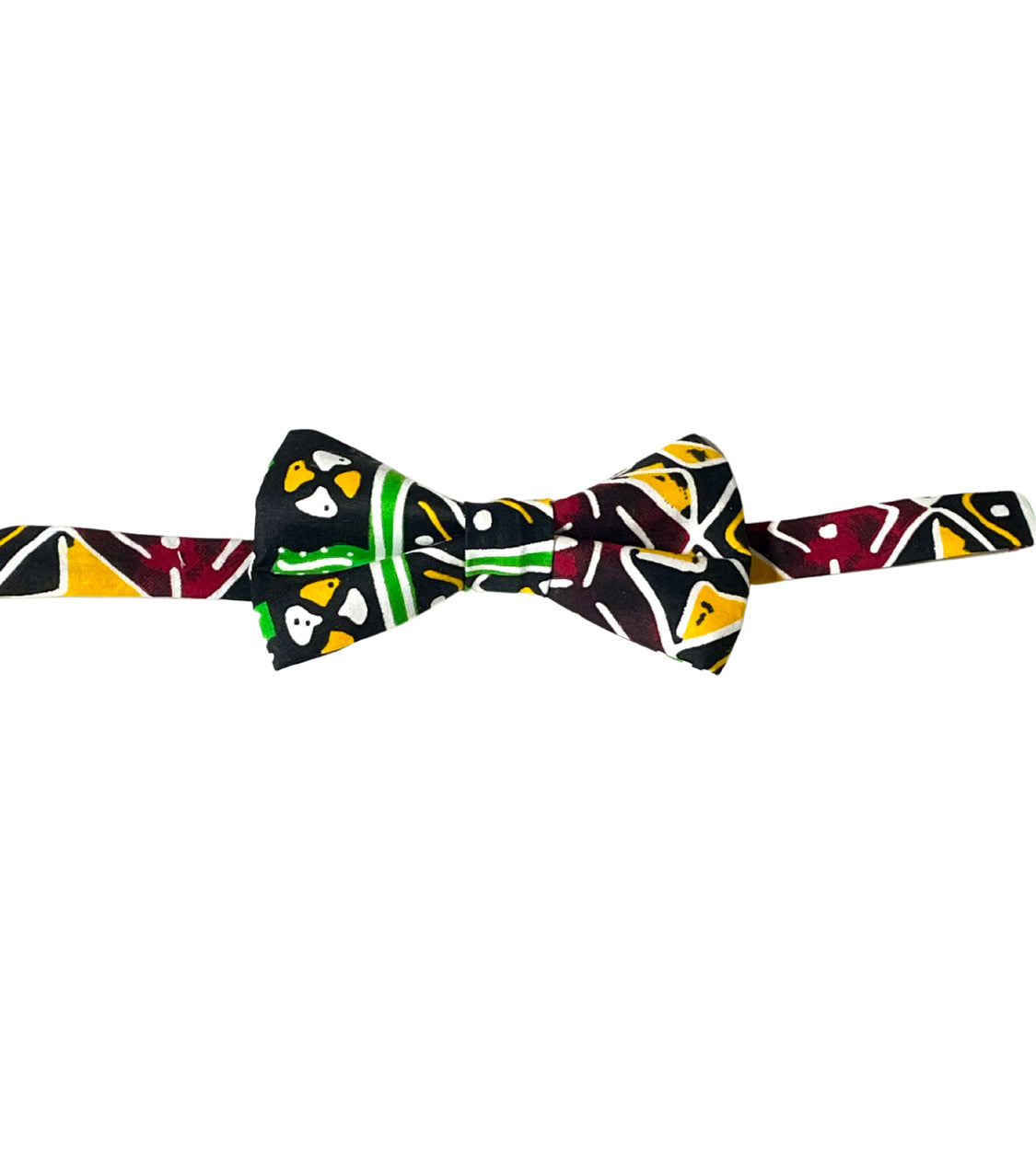 Black Reggae bow tie with red, green and yellow geometric design bow tie. This bow tie is one of our African print bow ties in 4 prints. Also available with a pocket square to make a stylish bow tie set.