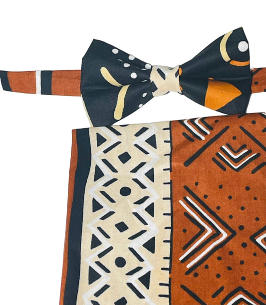 African print bow tie in black and brown hues with matching pocket square