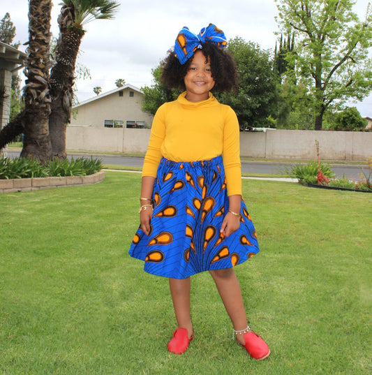 Girl’s African Skirt Set - Blue with Orange Print