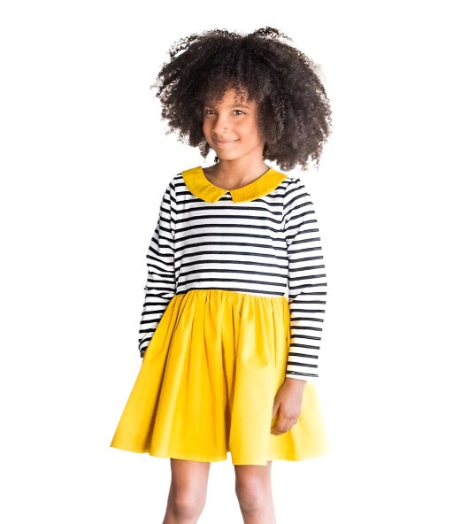 Black and white striped bodice dress with a mustard yellow skirt and collar. AvShown on a little girl wearing the long sleeve version.