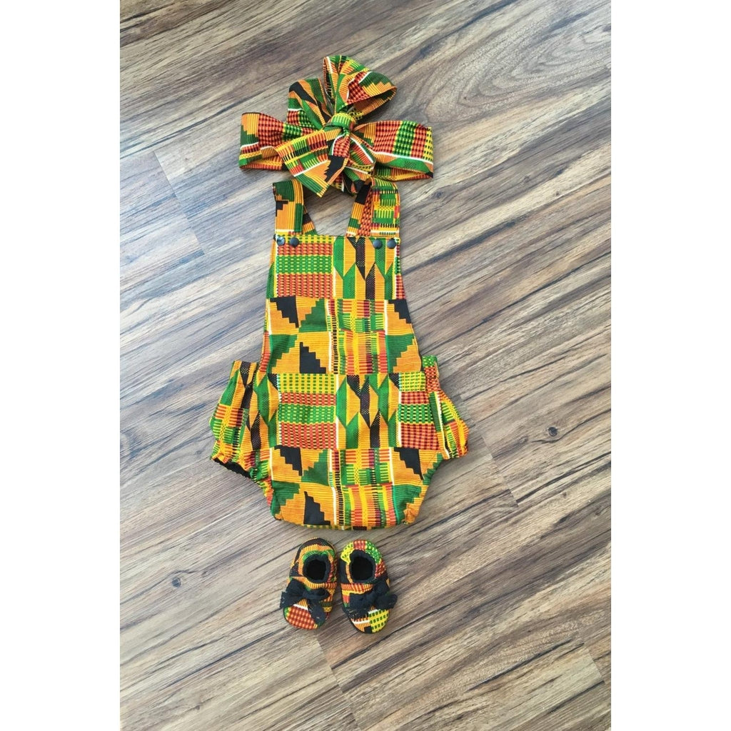 Kente Baby Romper Set with Head Wrap and Shoes