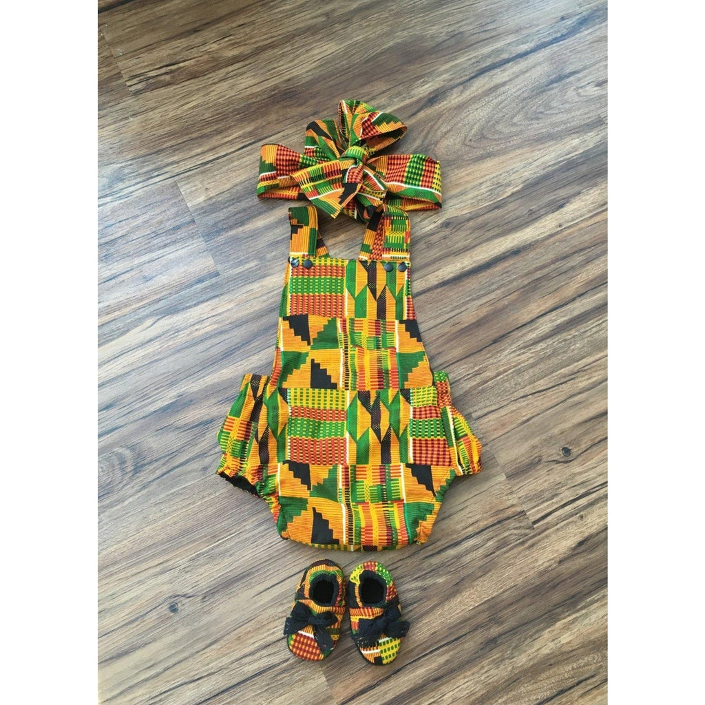 Kente Baby Romper Set with Head Wrap and Shoes