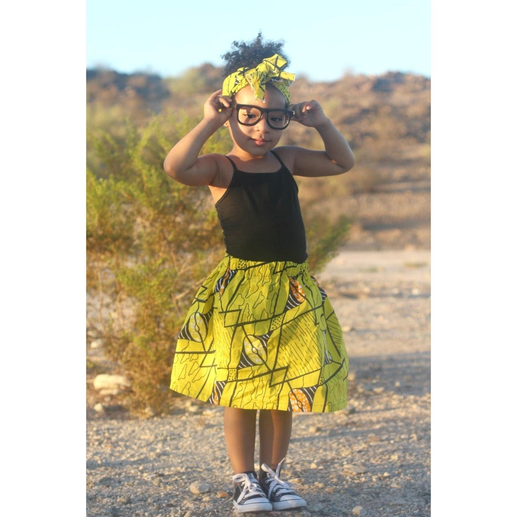 Yellow African Print Skirt and head wrap for Girls