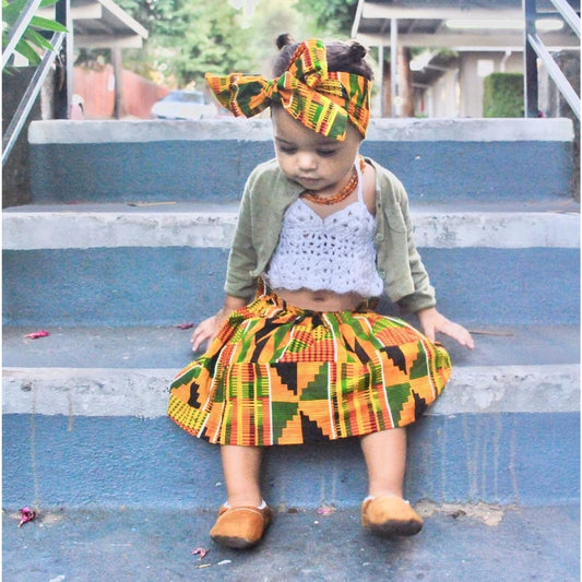 Conjunto africano de falda Kente y pañuelo para la cabeza