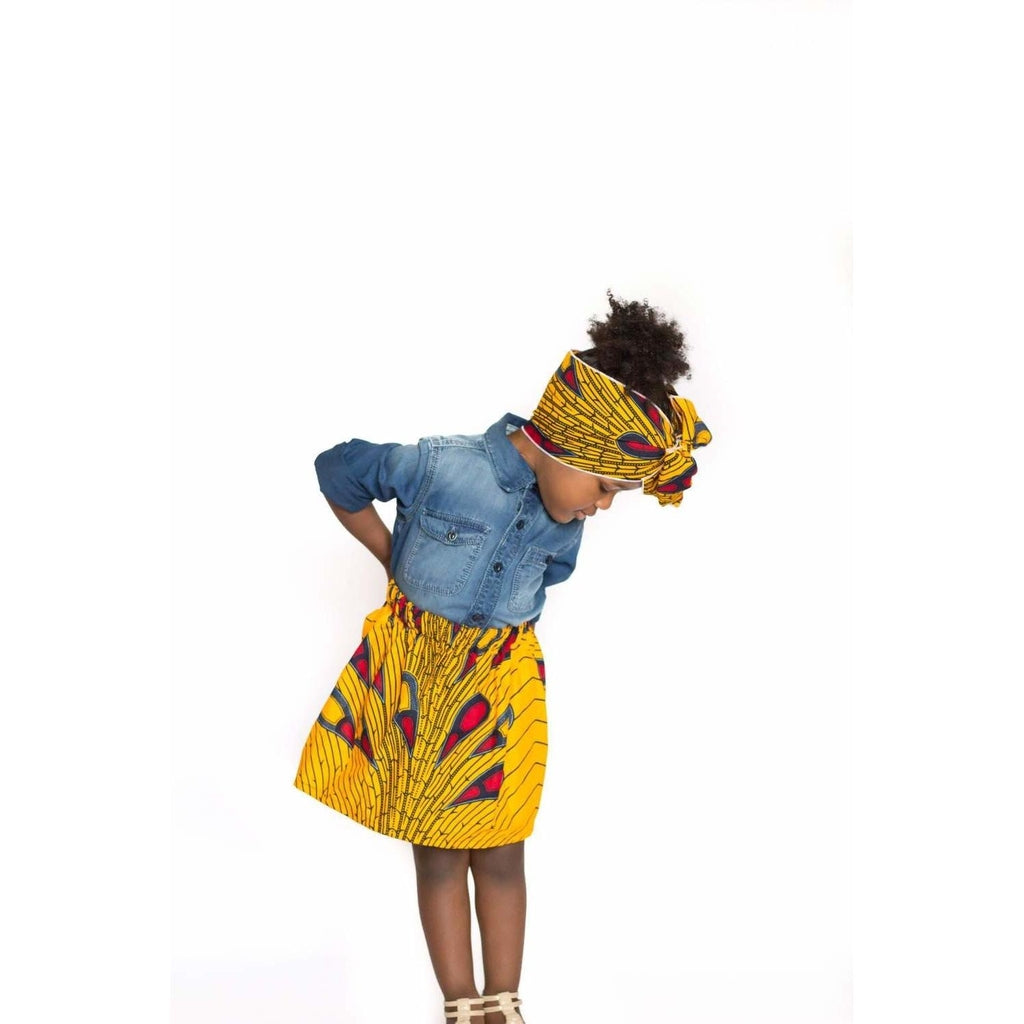 Yellow African Ankara Skirt with Head Wrap