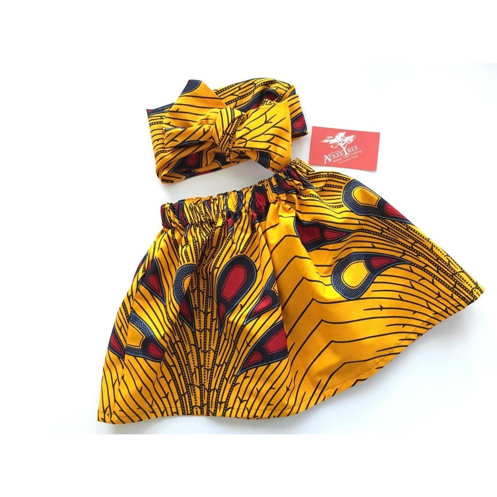 Yellow African Ankara Skirt with Head Wrap