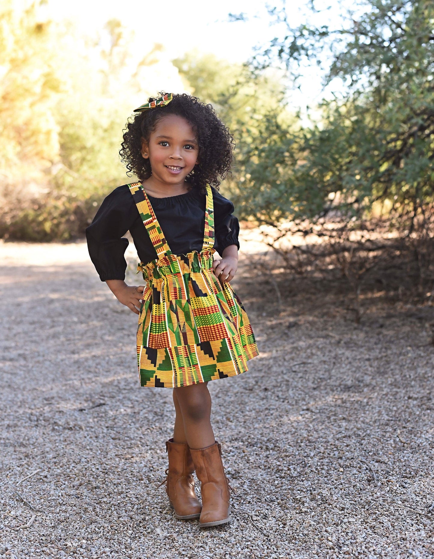 3pc Kente Suspender Skirt with Top and Hair Bow
