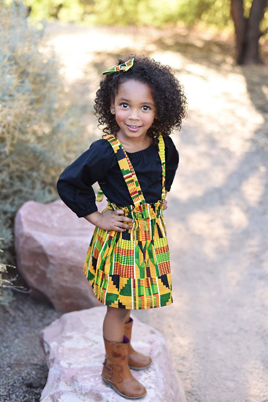 3pc Kente Suspender Skirt with Top and Hair Bow