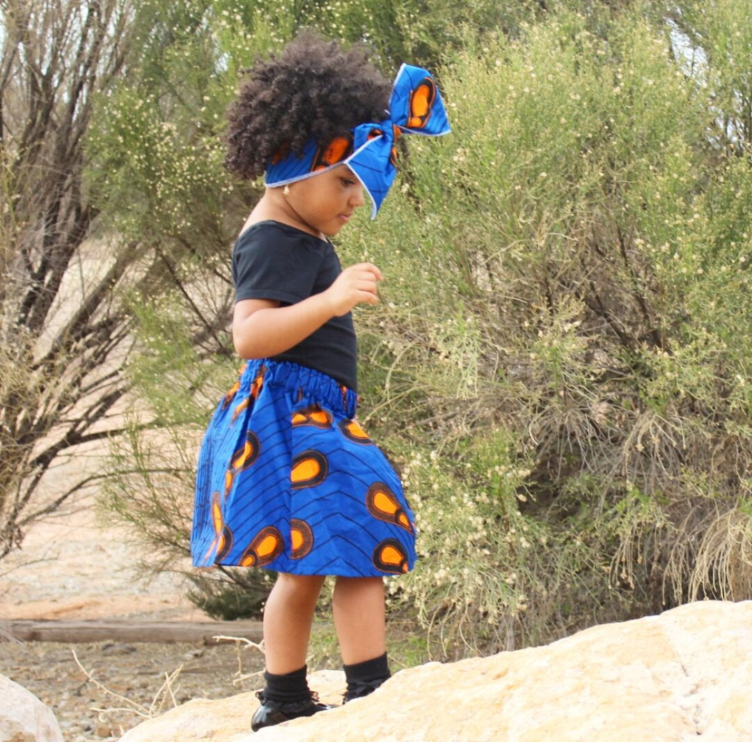 Girl’s African Skirt Set - Blue with Orange