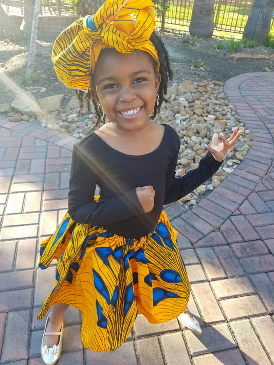 Girl’s African Skirt Set - Yellow with Blue Print