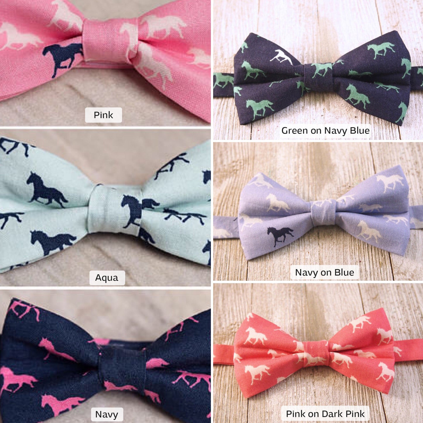Men’s and boys derby horses print pre-tied bow ties in the colors blue, aqua, dark pink, pink and navy with different colored horses on the print.